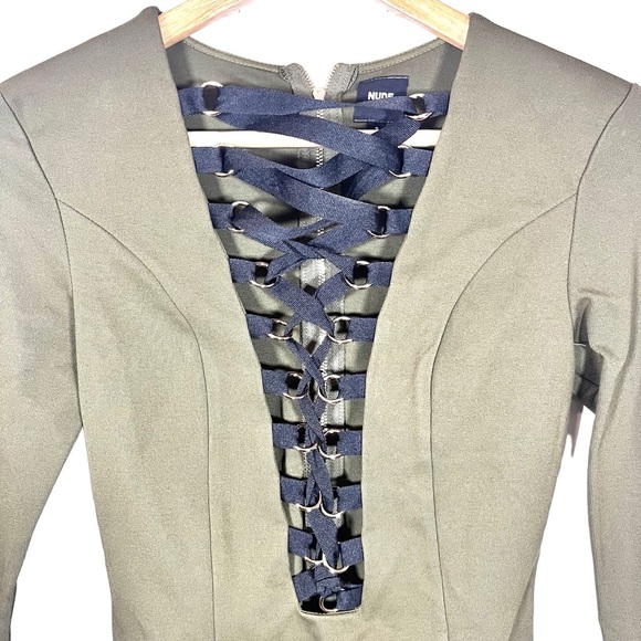 NUDE Olive Green Plunging Neckline Lace Up Front Zipper Back Bodysuit Size Small - Picture 6 of 8